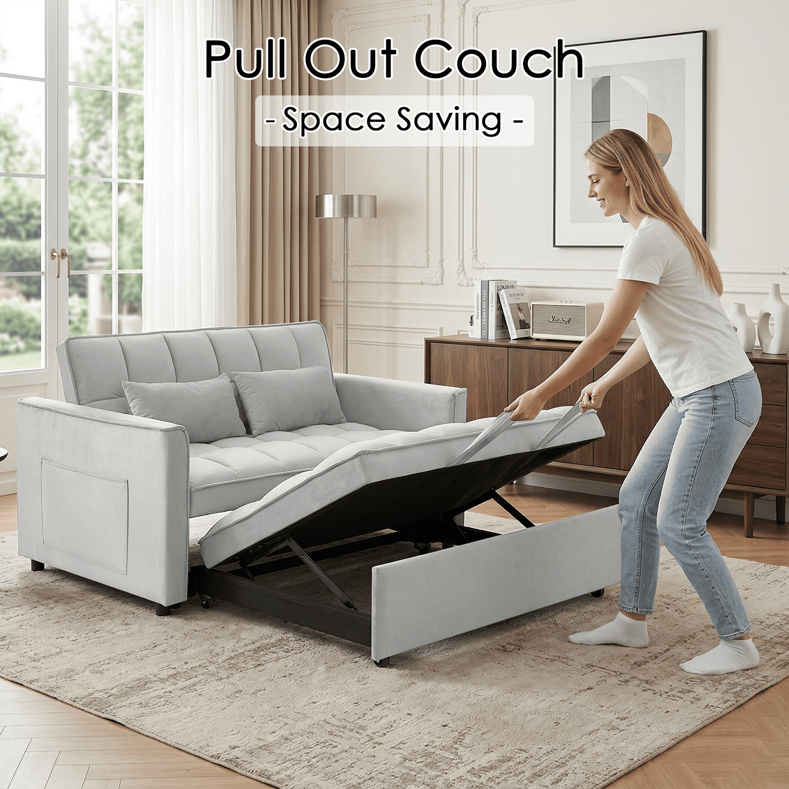 Amuille 3 in 1 Convertible Sleeper Sofa Bed, 54" Velvet Fabric Loveseat, Pull Out Couch for Living Room and Apartment (Light Gray)