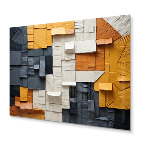 Designart "Cubic Fiber Yellow and Grey Symmetry I" Cubism Metal Art Print