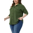 thumbnail image 4 of Camisas de mujer de talla grande con botones Agnes Orinda, chaquetas de manga larga con solapa texturizada, tops casuales con decoración de bolsillo 2X verde ejército, 4 of 5
