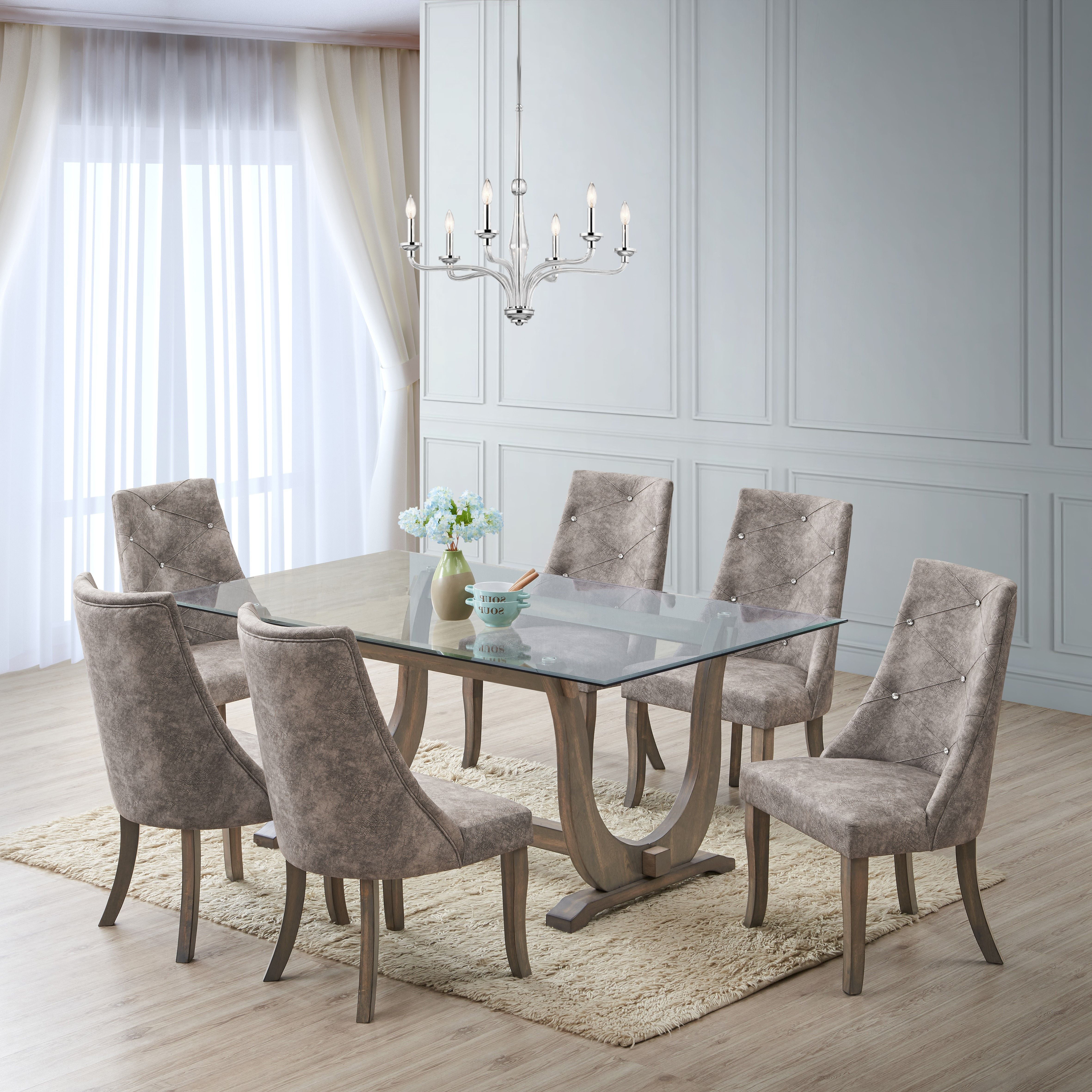 Benoit 7 Piece Glass Dining Set Gray, Gray Dining Room Table Set For 6