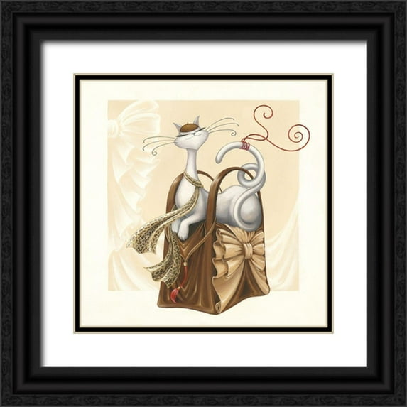 Land Art Studio 12x12 Black Ornate Wood Framed with Double Matting Museum Art Print Titled - White Cat with Brown Bag
