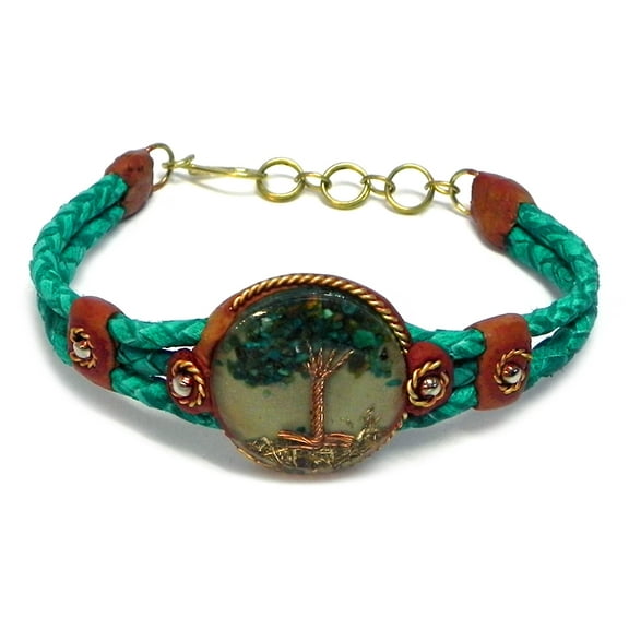 Tree of Life Crushed Chip Stone Inlay Copper Wire Round Clear Acrylic Cabochon Braided Dyed Leather Bracelet - Womens Fashion Handmade Jewelry Boho Accessories