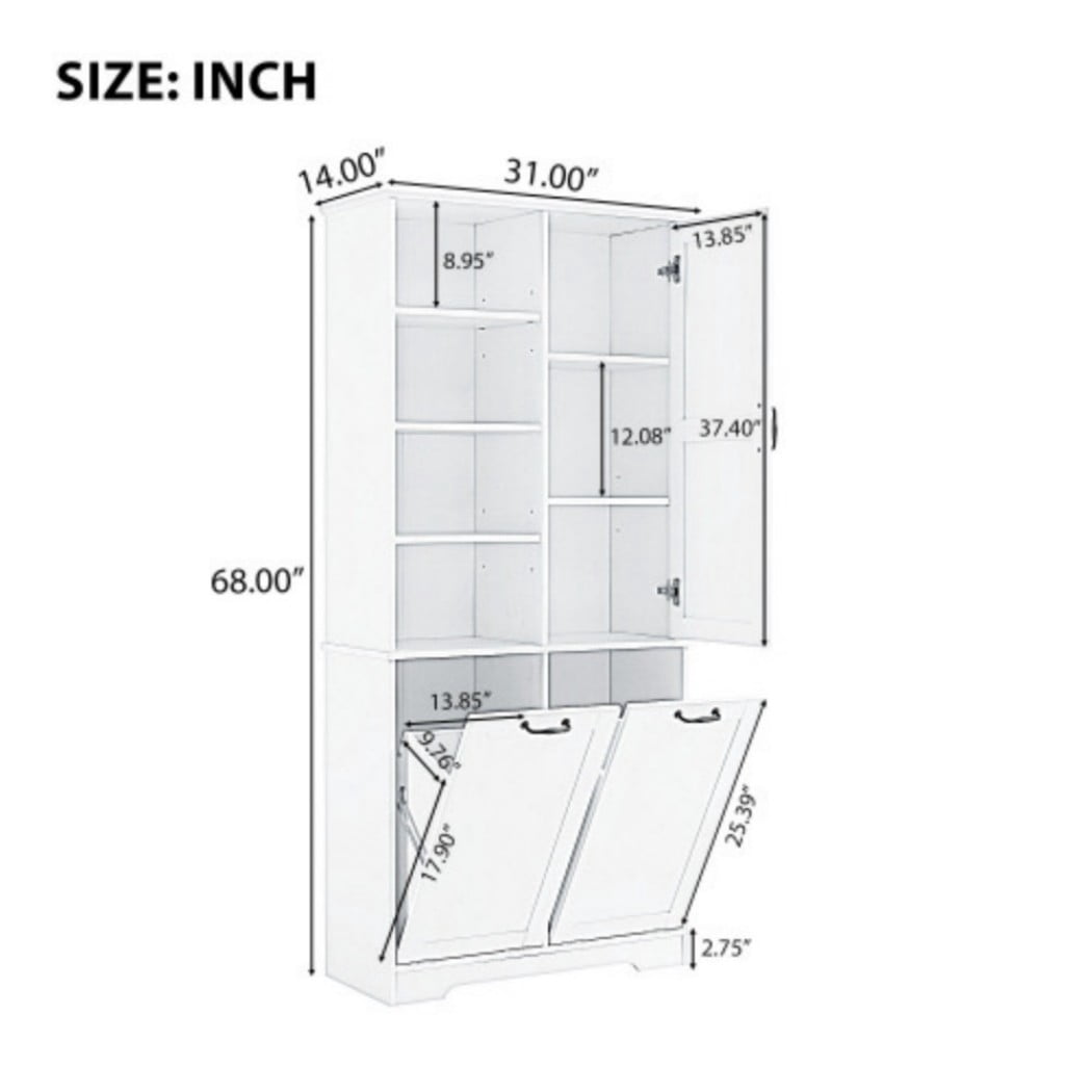 Bathroom Storage Cabinet with Doors and Drawers, Tall Laundry Hamper Cabinet with 2 Tilt-Out Baskets, Adjustable Shelves, Open Storage, Gray