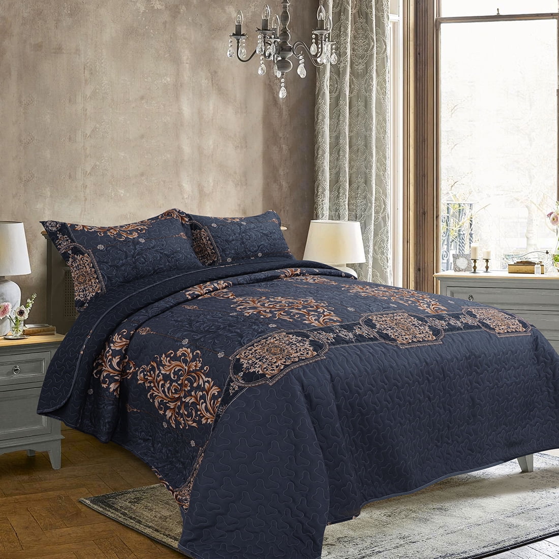 PiccoCasa 3pc Floral Quilt Bedspread Sham Set Twin Polyester Navy Blue ...