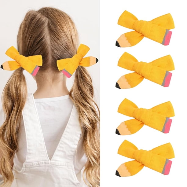 Lazos para el cabello con forma de lápiz para el regreso a la escuela, 4 piezas, pinzas para el cabello con forma de lápiz amarillo para niñas, pinzas para el cabello de cocodrilo, accesorios para el
