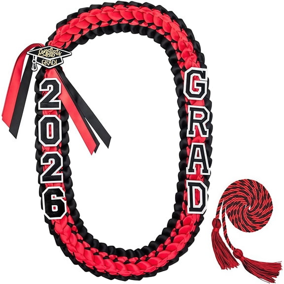 Natonhi 2026 Graduation Lei Set - Two-Tone Braided Ribbon with Honor Cord, Unisex Graduation Gift for Graduates, Polyester(Black and Red)