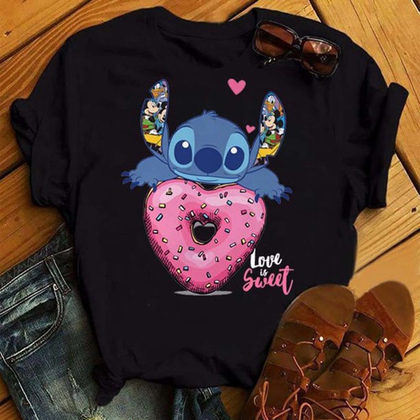 Kawaii Disney Lilo Stitch T Shirt Women Summer Tops Cartoon Stitch Heart Graphic Tees Cute Disney Anime T-shirt Female TshirtXL Gao Jinjia LED