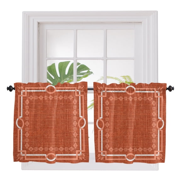 Burnt Orange Botanical 2 Panel Kitchen Curtains for Small Windows, Vintage Florals Geometric Minimalist Bathroom Tier Curtain, Short Window Treatment for Bedroom/Living Room 55"x36"