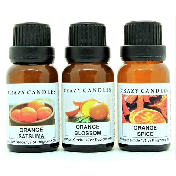 Crazy Candles 3 Bottles Set, 1 Orange Satsuma, 1 Orange Blossom, 1 Orange Spice 1/2 Fl Oz Each (15ml) Premium Grade Scented Fragrance Oils
