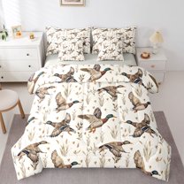 Homewish Mallard Duck Boy Girl Twin Bedding Sets 7-Piece,Rustic Lake House Animal Bedding Comforter Set Microfiber,Retro Vintage Aesthetic Breathable Sheet Sets,Ultra Soft Home Decor,Reversible