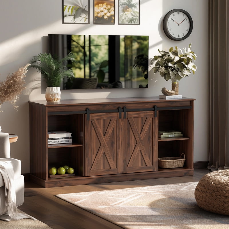Bigleap 65 Inch TV Stand with Sliding Barn Doors, Adjustable Shelves Media Console, Farmhouse Entertainment Center for Living Room Storage，Brown