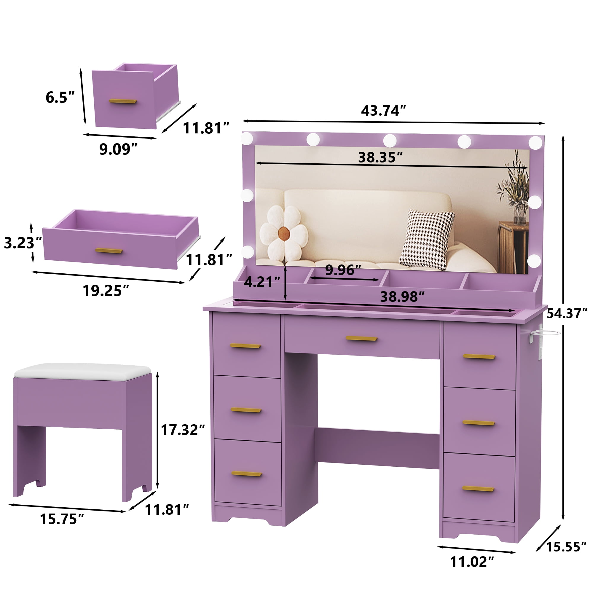 Vanity Desk with 38" Large Mirror and 9 LED Lights & Glass Top and Power Outlet, Adults Makeup Vanity with Chair and 7 Storage Drawers, Dressing Table Set for Bedroom, Modern Purple