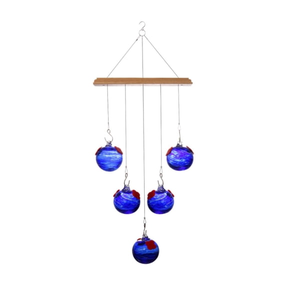 Comedero para colibríes con carillón de viento y bolas de cristal, estación de alimentación decorativa para jardín al aire libre, comedero colgante Azul profundo