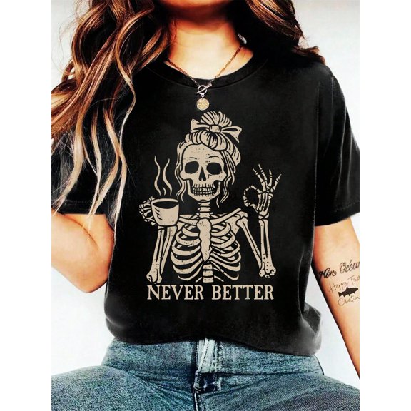 Coffee Skull Girl Lettered Round-Neck Short-Sleeved Fashionable Women's T-Shirt