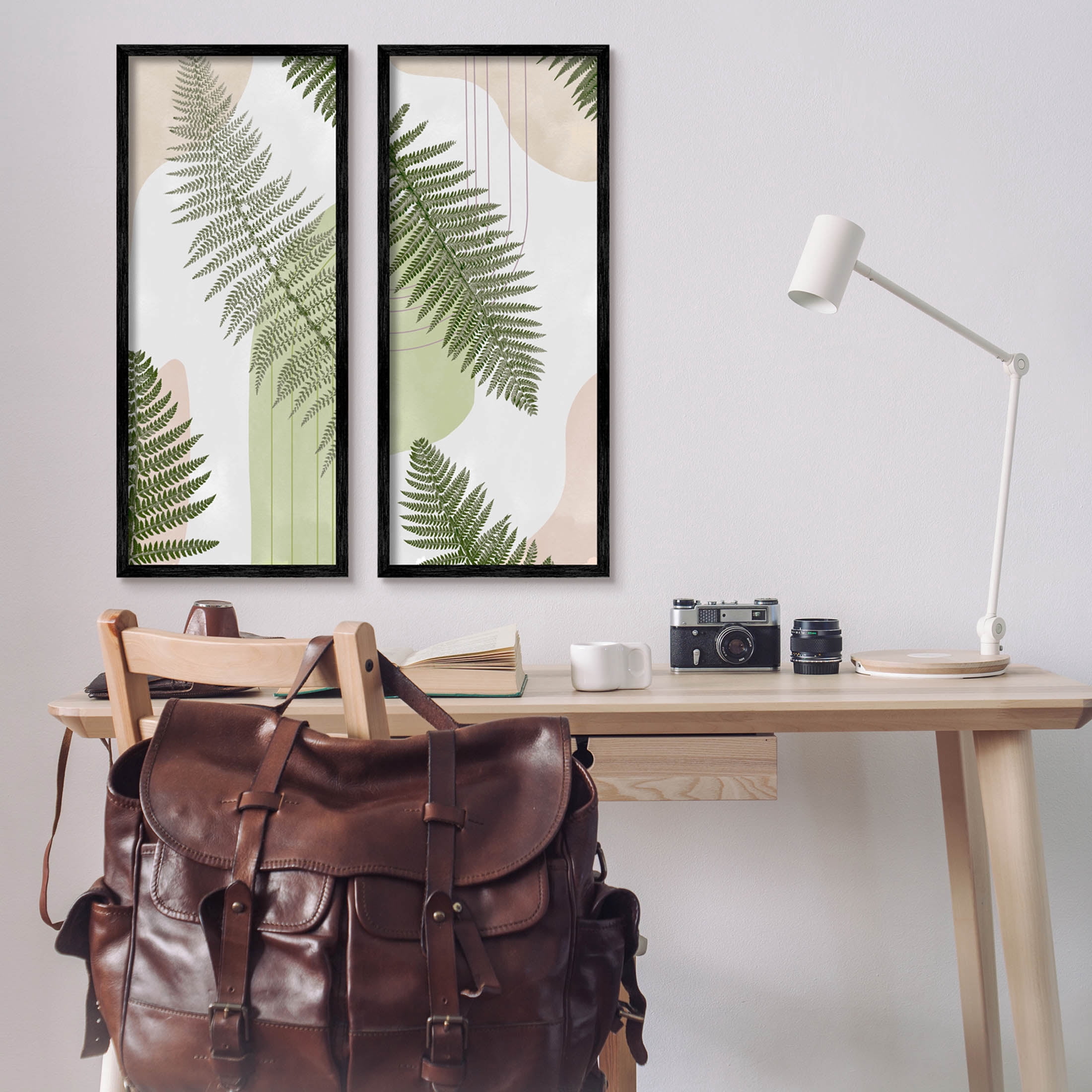 Fern Leaves Pastel Geometric Botanical & Floral Graphic Art Black Framed Art Print Wall Art, Set of 2