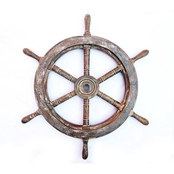 Wooden Ship Wheel (Antique White - Brown Buffed Polished) - (42 Inches)