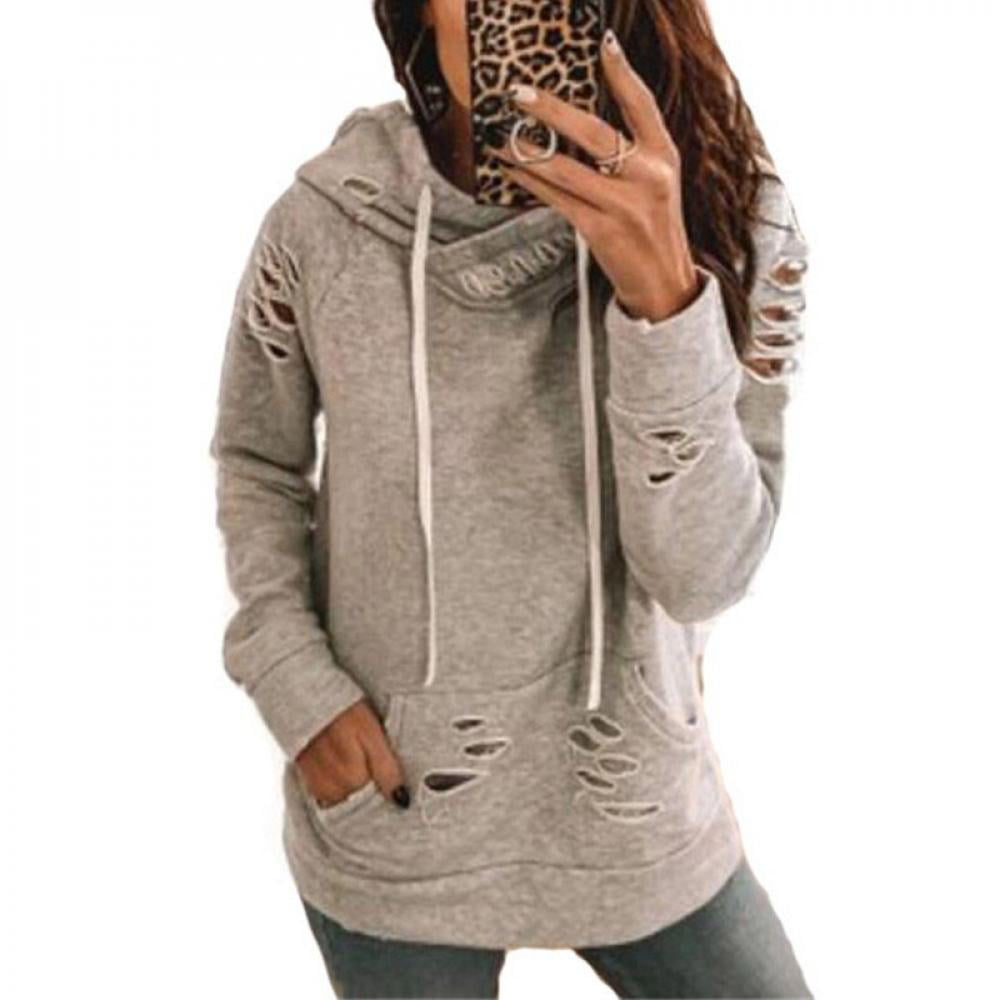 Women Long Sleeve Patchwork Pullover Hooded Hoodie Sweatshirt with Pockets 