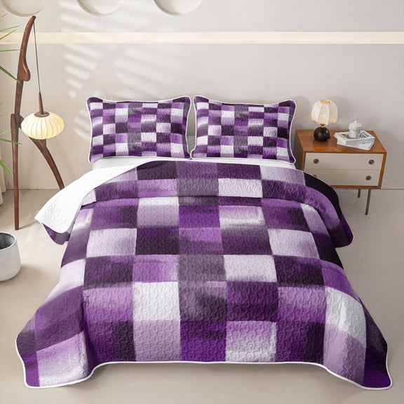 Homewish Purple Gradient Plaid Twin Quilt Set,Vintage Artwork Twin Coverlet Set,2-Piece
