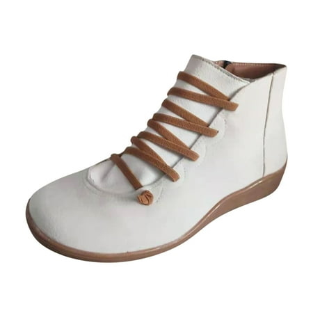 

TOWED22 Ankle Boots for Women No Heel Arch Support Boots Side Zipper Vintage Leather Damping Shoes Flat Heel Booties(White 7)