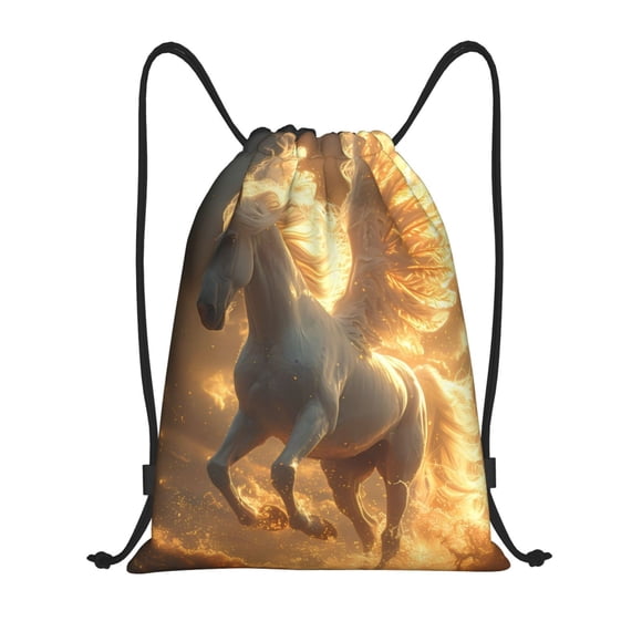 Kdxio Golden Winged White Horse Pattern Drawstring Bag for Gym Sports School Travel Lightweight Sackpack with Adjustable Cords Waterproof Fabric-Medium