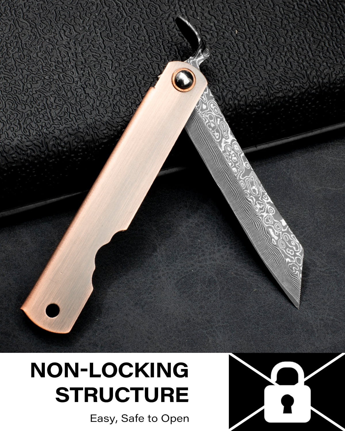 Dispatch 3.6" Damascus Folding Pocket Knife, Cloud Pattern Damascus Blade, Electroplated Red Antique Bronze Handle with Black PU Sheath