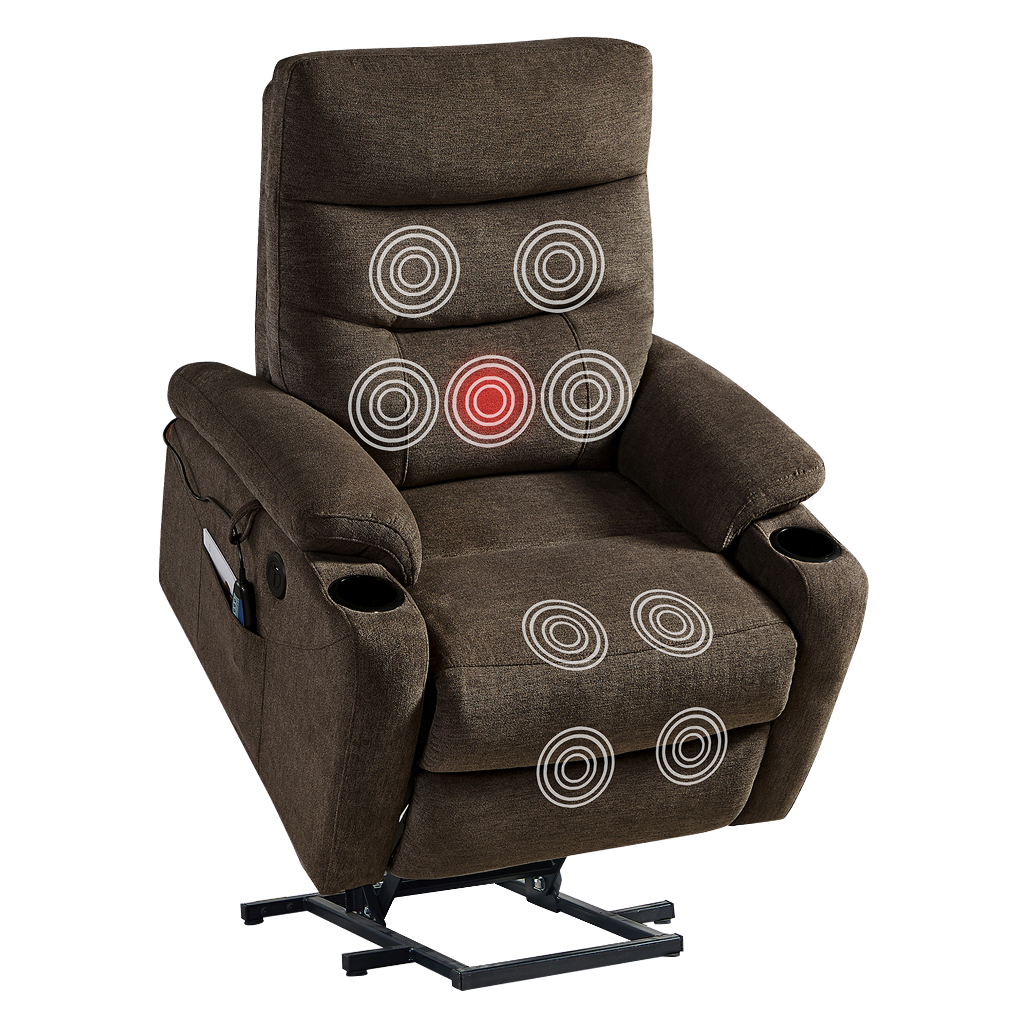 Aukfa Electric Power Lift Recliner Chair with Massage and Heat, USB Ports, 2 Side Pockets, Cup Holders for Elderly, Dark Brown