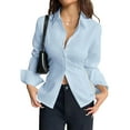 thumbnail image 2 of YanHoo Button Down Shirts for Women Wrinkle Free Long Sleeve Collared Dress Blouses Lace Up Back Casual Work Office Tunic Tops Blue,XS, 2 of 5