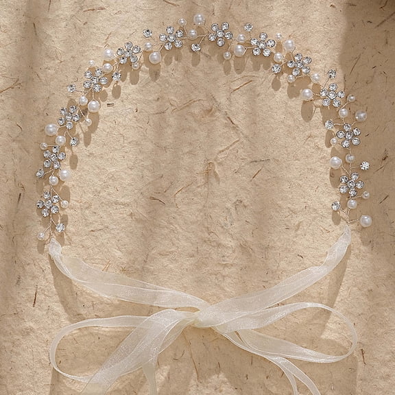 Miallo Silver Crystal Pearl Hair Vine Headband - Bridal Wedding Hair Accessories for Women & Girls - Floral Rhinestone Tiara with Ribbon for Prom Party