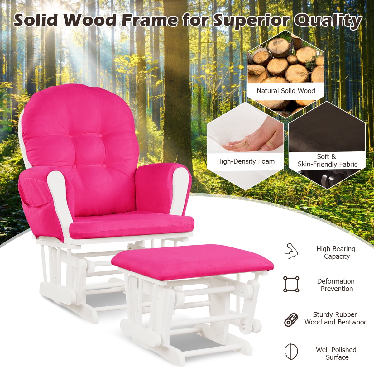 Gymax Glider & Ottoman Cushion Set Wood Baby Nursery Rocking Chair Pink