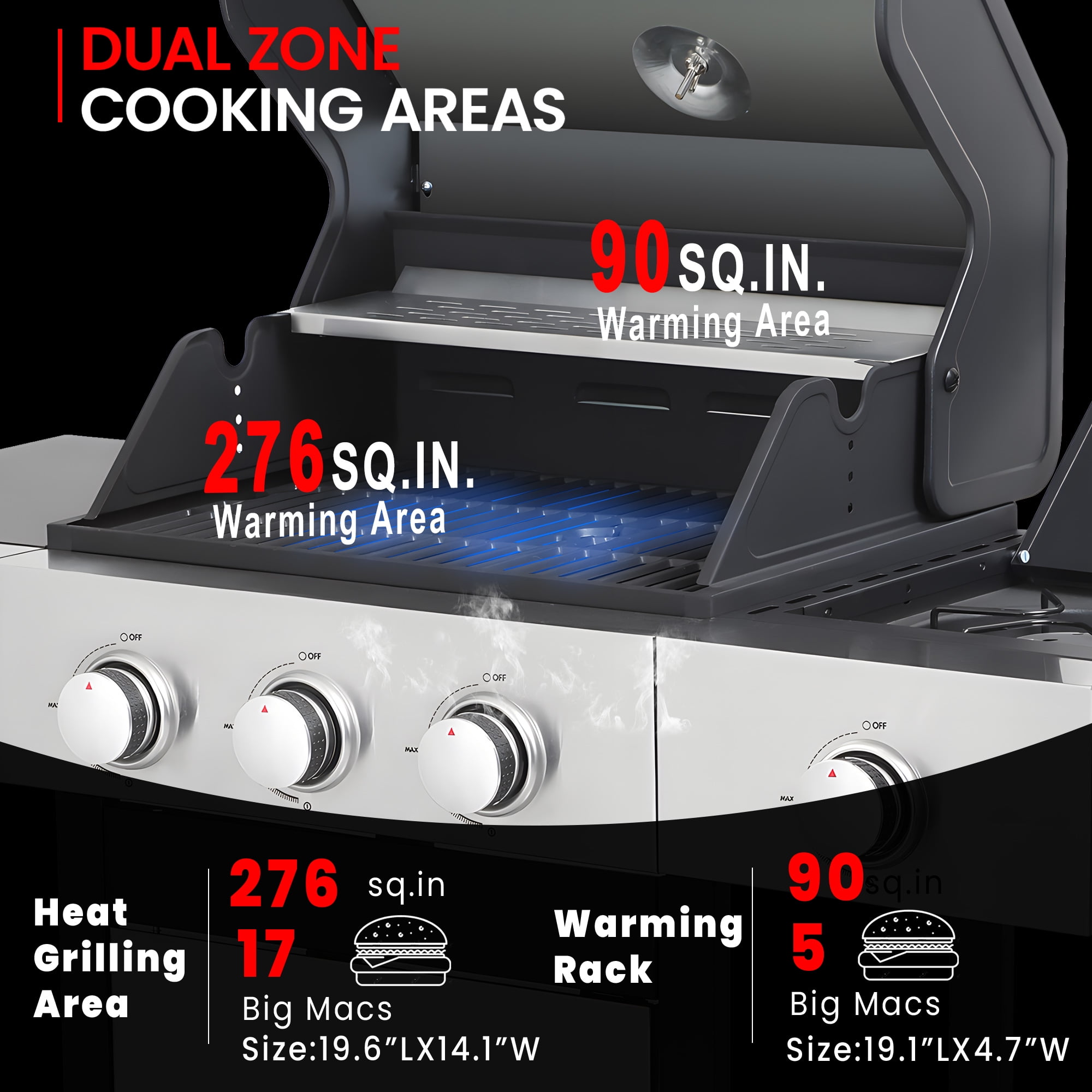 37230BTU Propane Barbecue Grill, 3-Burner Gas Grill with Side Burner 37230BTU Output, Portable Outdoor Grill with Lockable Wheels, 2 Cooking Areas, Bottle Opener, Thermometer