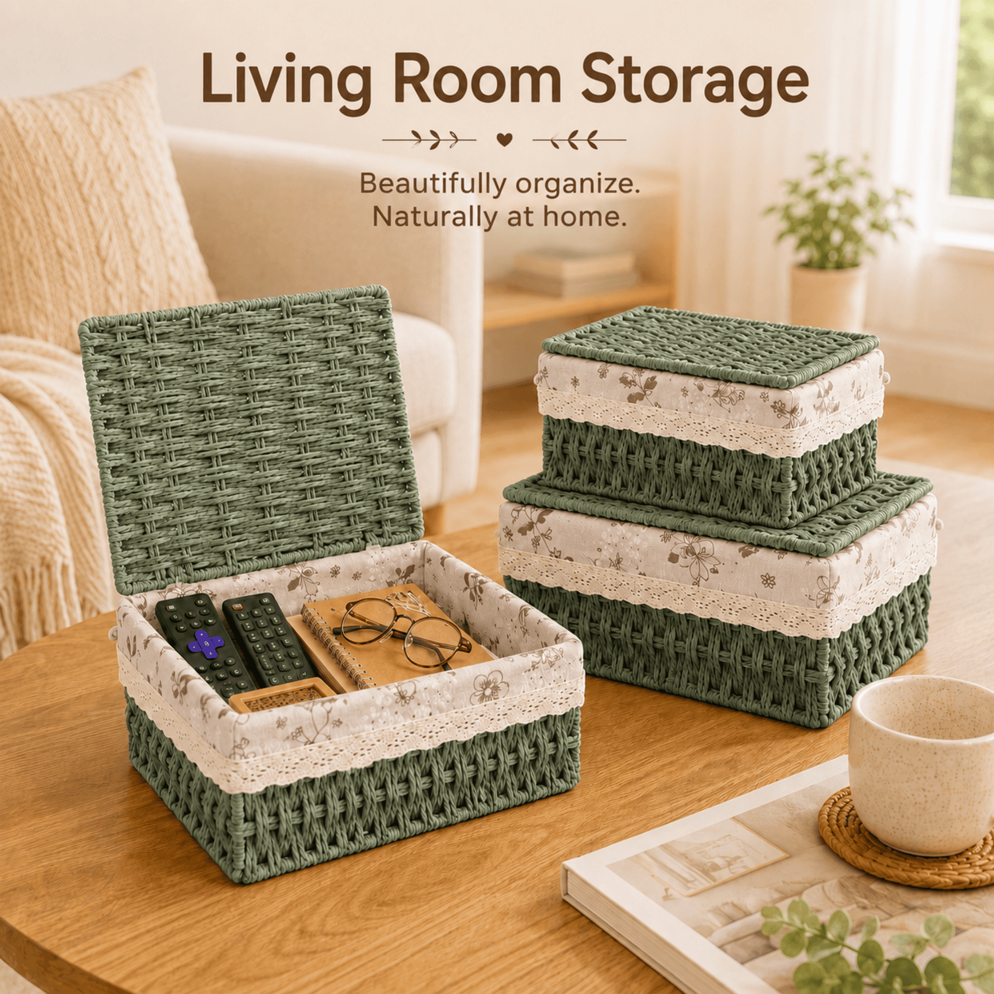 MEHOOM Wicker Woven Set of 3 Storage & Organization, Woven Storage Baskets for Bedroom, Closet, Table, or Living Room (Green)