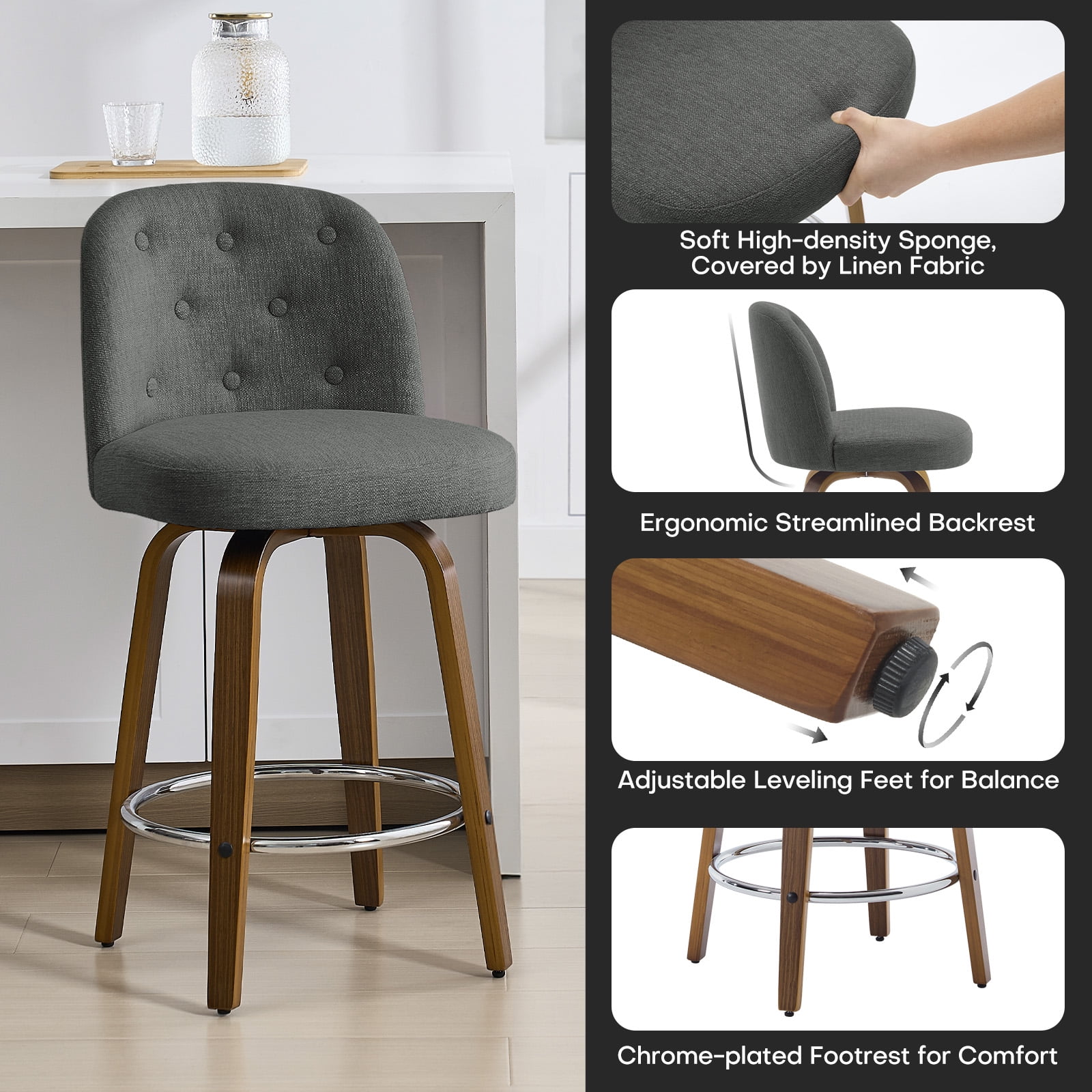 Foreate Swivel Bar Stools Set of 1, 26" Upholstered Linen Fabric with Button-tufted Mid-Back & Wood Legs, Modern Chair Kitchen Pub Island Counter Stool