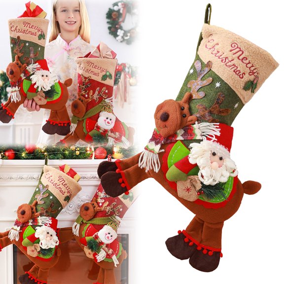 Christmas Stockings 16.5In Large Santa/Snowman Riding Deer Xmas Stockings Decorations Hanging Christmas Tree Decor for Family Holiday Xmas Decor
