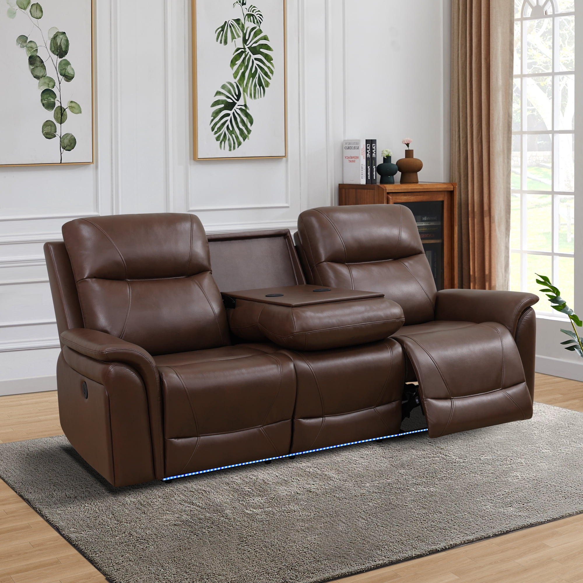 Gewnee Power Reclining Multifunctional Sofa with USB & Wireless Charging, Air Leather, Storage Console, Living Room,Dark Brown