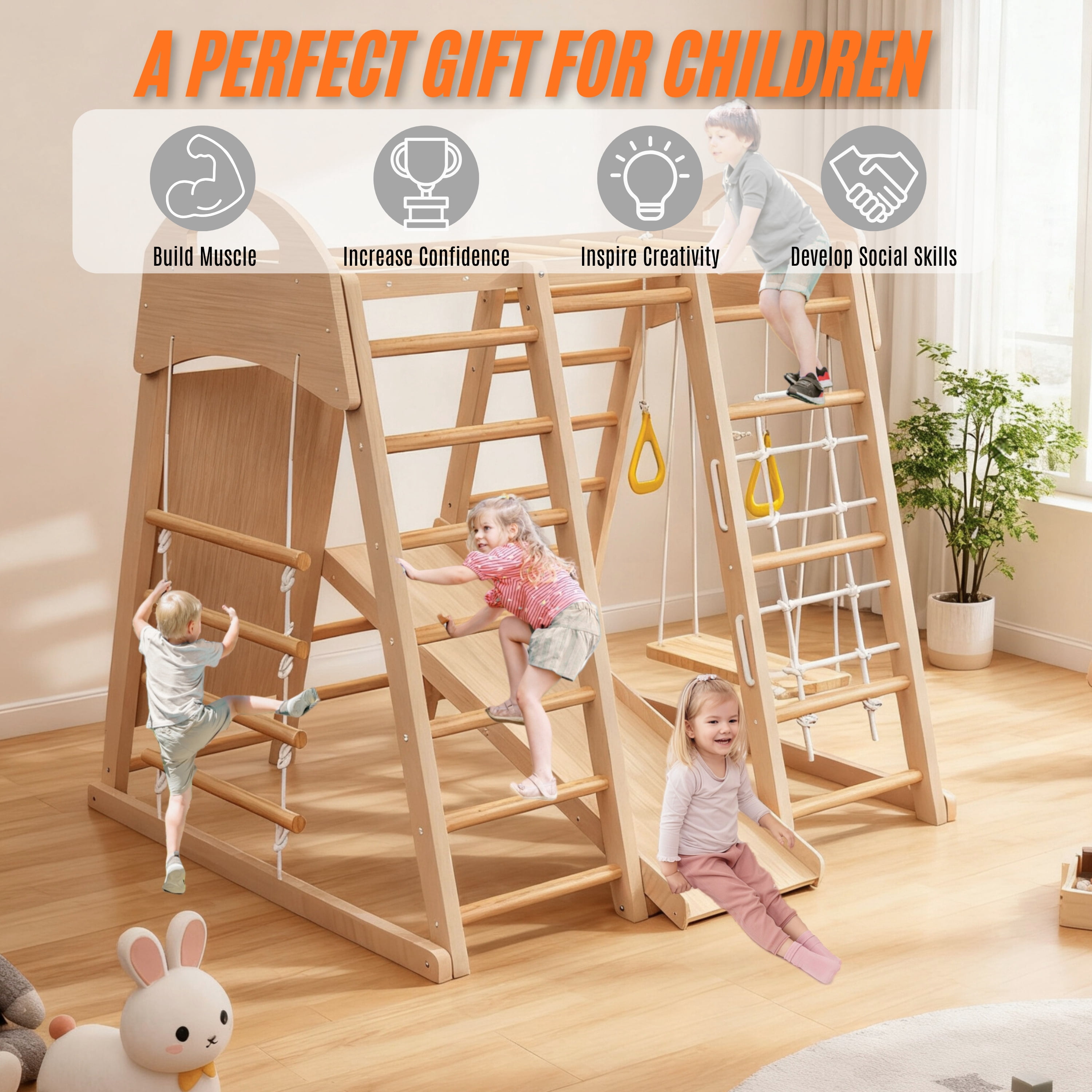 EUROCO Wooden Climbing Toys, Playground Jungle Gym for Kids and Toddlers, Climb and Slide Set with Gymnastic Rings, Rock Wall, Swing, Slide and Rope Climber