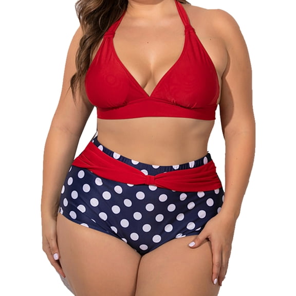 Womens Plus Size High Waist Halter Top Polka Dot Retro Bikini Swimwear