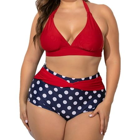 Womens Plus Size High Waist Halter Top Polka Dot Retro Bikini Swimwear
