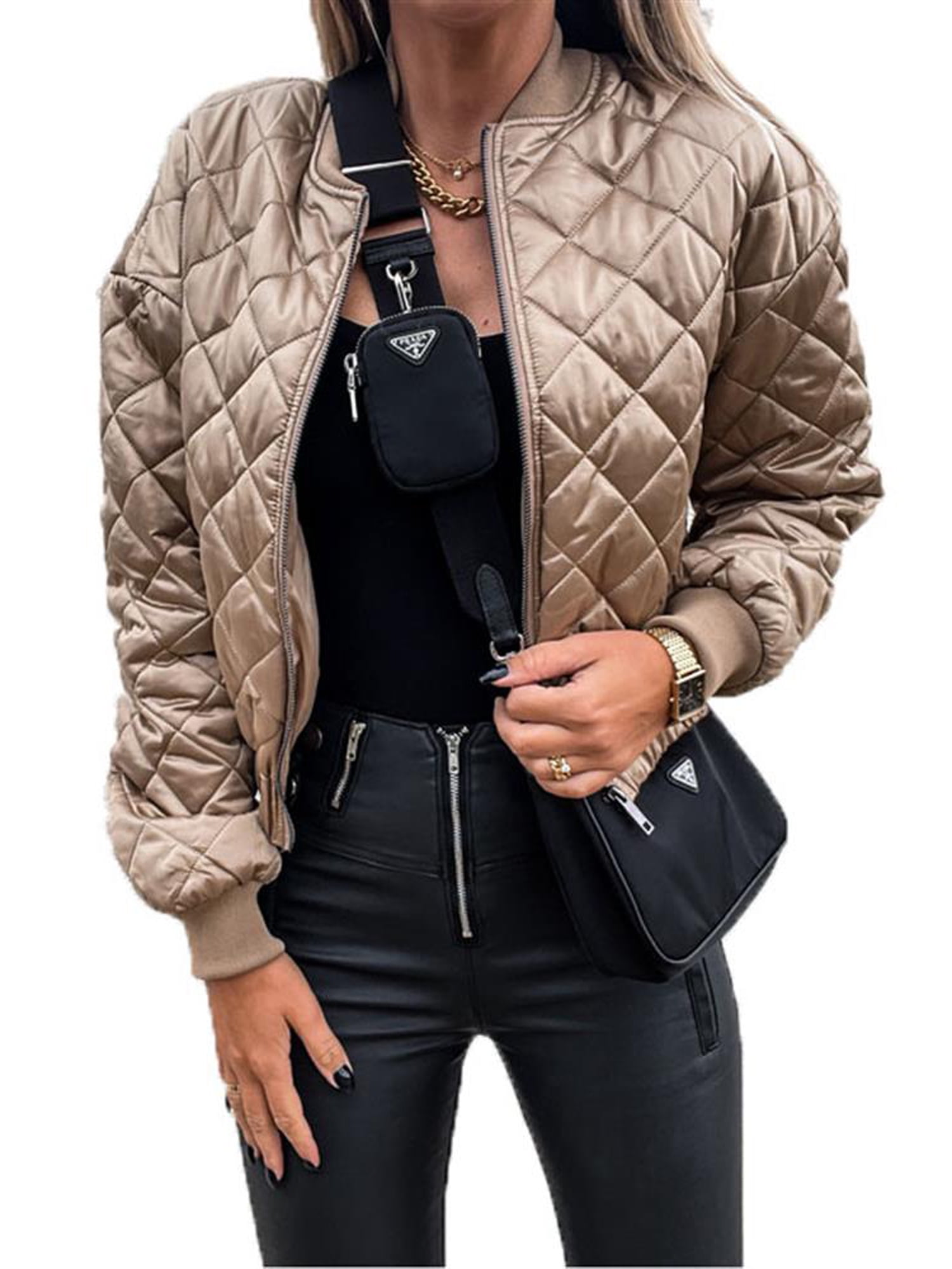 Dilgul Womens Quilted Jacket Lightweight Long Sleeves Zip Up Raglan Bomber Jackets with Pockets 