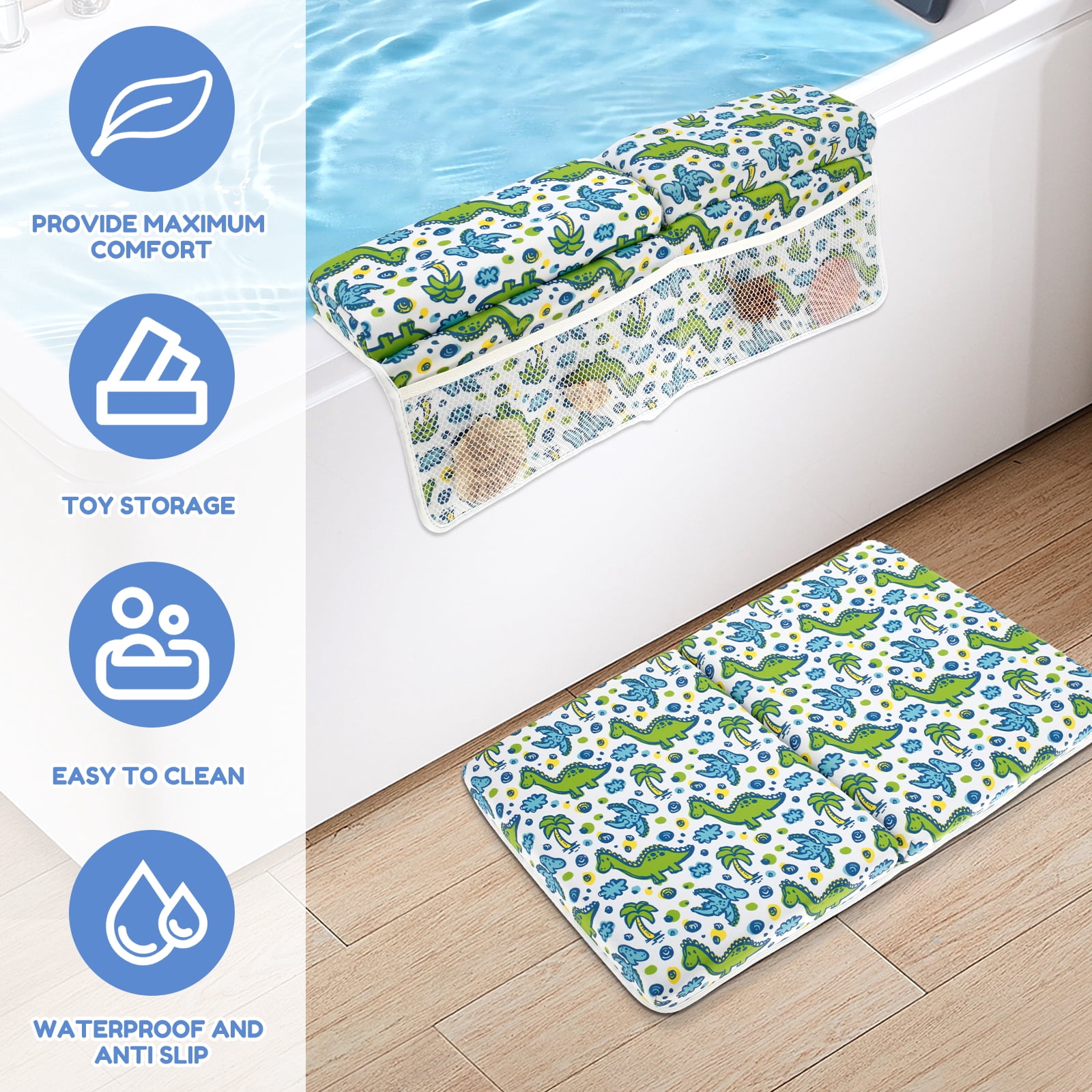 Pcapzz Baby Bath Kneeler and Elbow Rest Pad Set Nonslip Baby Bathtub Kneeling Pad Waterproof Bathtub Elbow Support Pad with 4 Side Pockets Painless Baby Bathtub Kneeler Mat for Baby Bathing