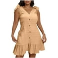 thumbnail image 2 of Fashion SMihono Plus Size Textured Mini Dresses for Women Casual Bowknot Strap Sleevevless Button Decor Ruffle Hem Tank Beach Sundress Beige XXXL, 2 of 7