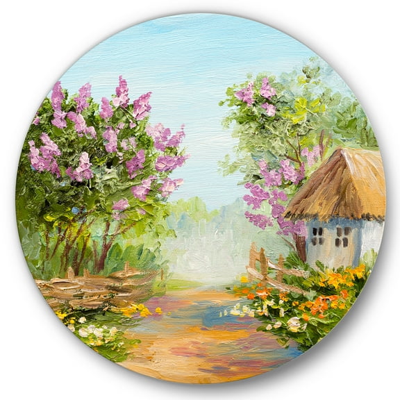 Designart 'Little House In The Blossoming Flowers Forest' Lake House Circle Metal Wall Art 36x36 - Disc of 36