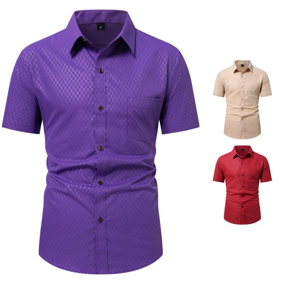 Zylarhe Mens Summer Shirts, Men Dark Check Casual Short Sleeved Shirt Loose Youth Summer Button Down Purple XS