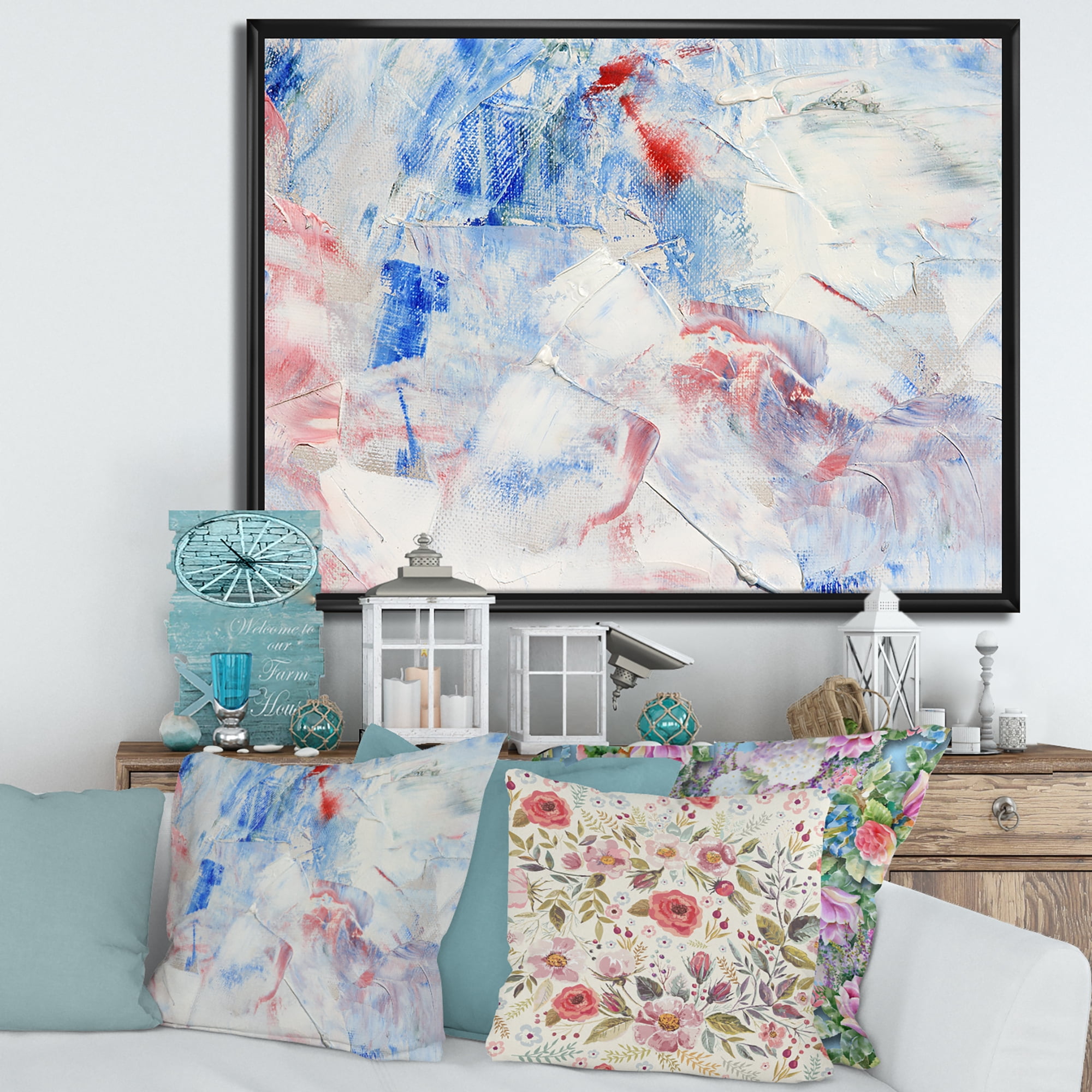 Abstract Blue Composition 32 in x 16 in Framed Painting Canvas Art Print, by Designart
