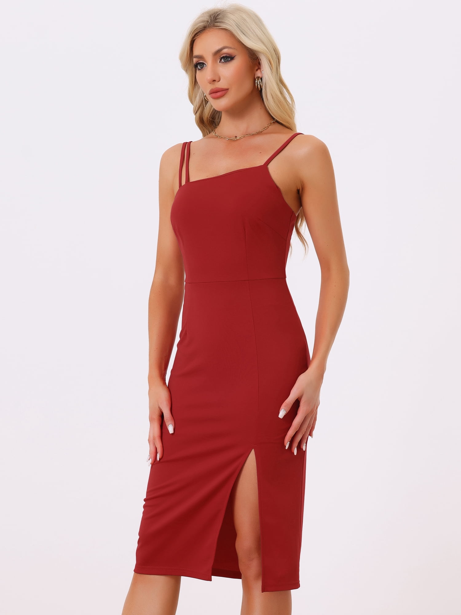 DARING DIVA Women's Soft Elegnat Strap Split Hem Crew Neck Cocktail Sheath Dress M Red