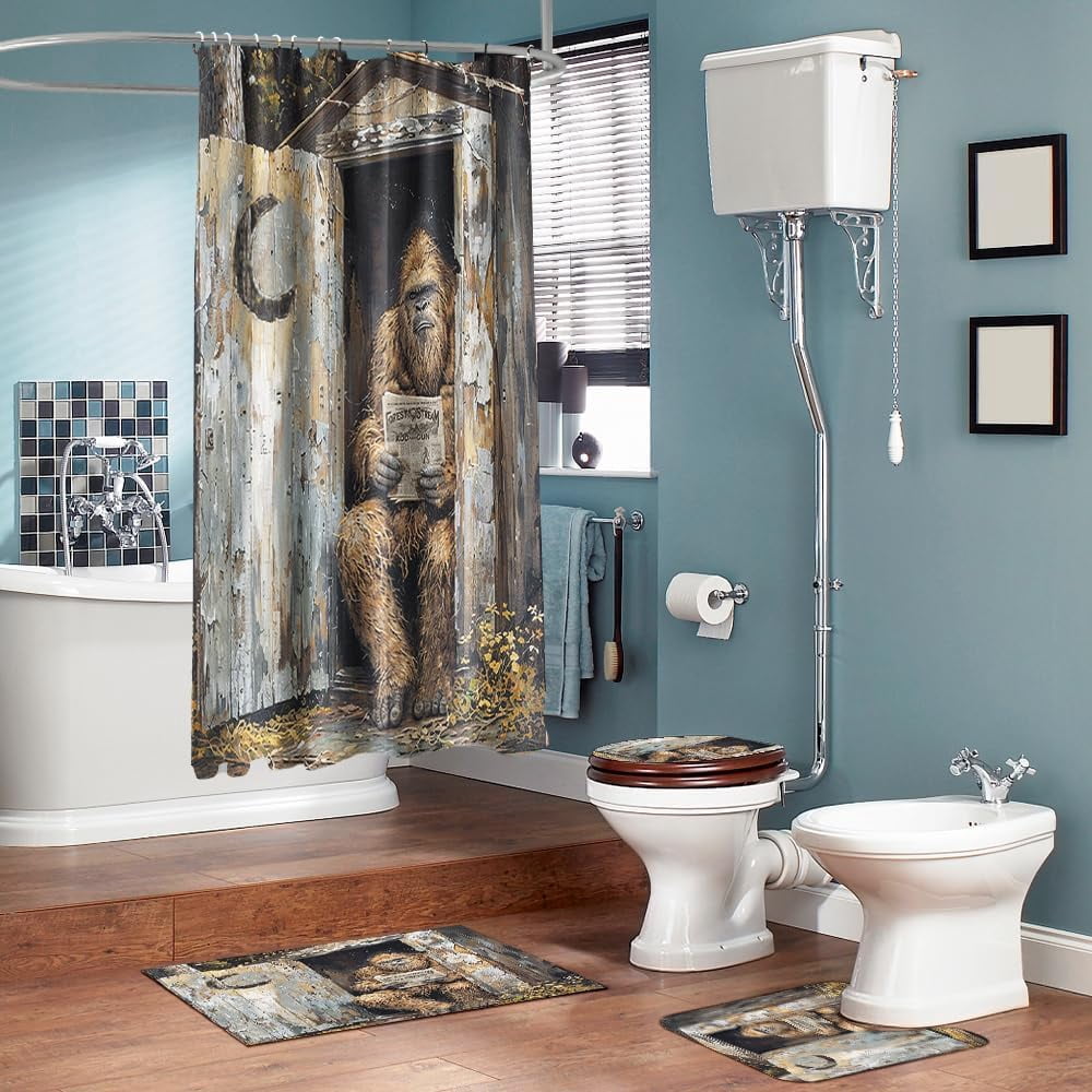 4PCS Vintage Bigfoot Sasquatch Shower Curtain Sets,Funny Animal Bathroom Sets with Non-Slip Rugs,Toilet Lid Cover,Bath Mat,Shower Curtain with 12 Hooks Farmhouse Bathroom Sets Decor