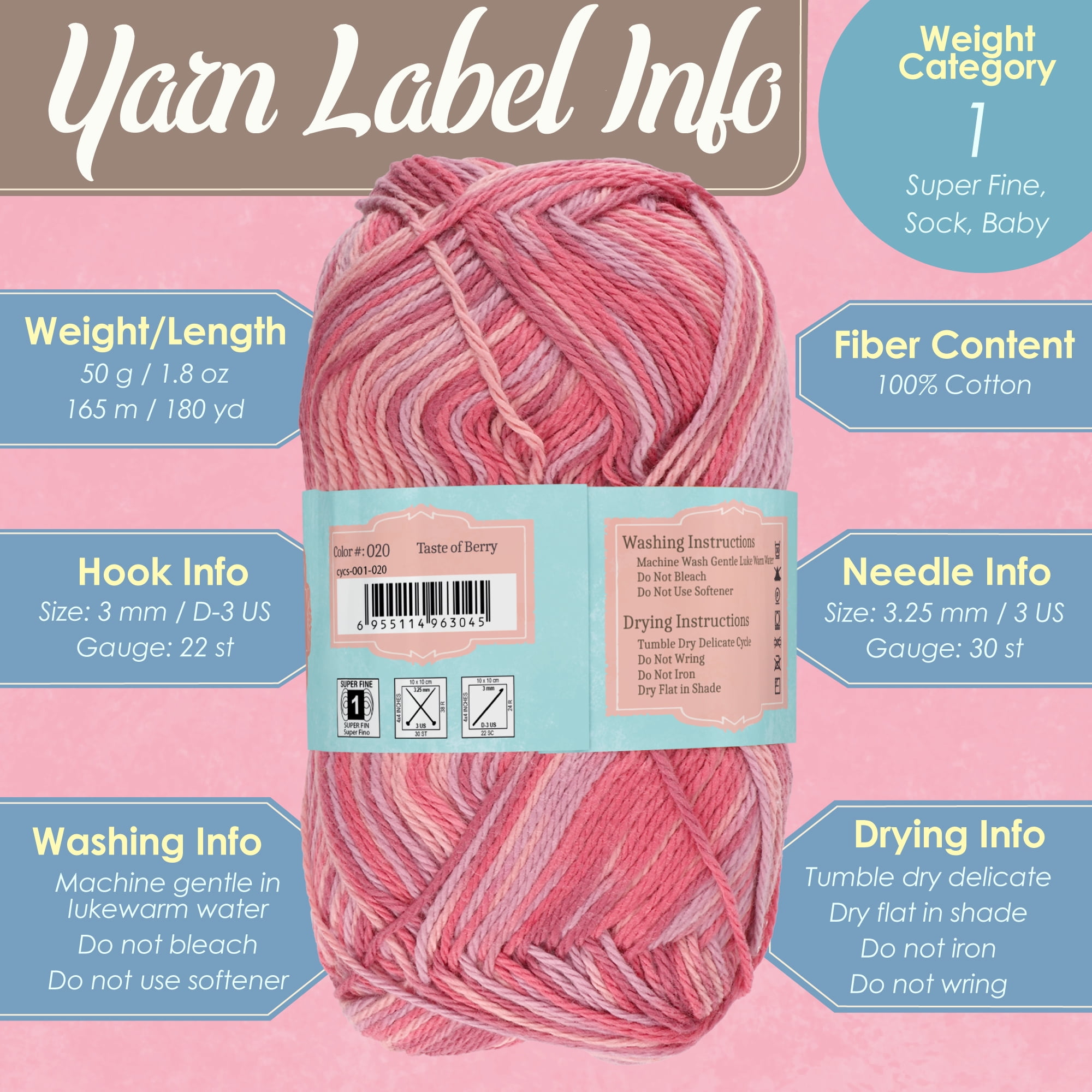 JubileeYarn Cotton Select Yarn - 50g/Skein Sport Weight - Variety Pack - 12 Skeins