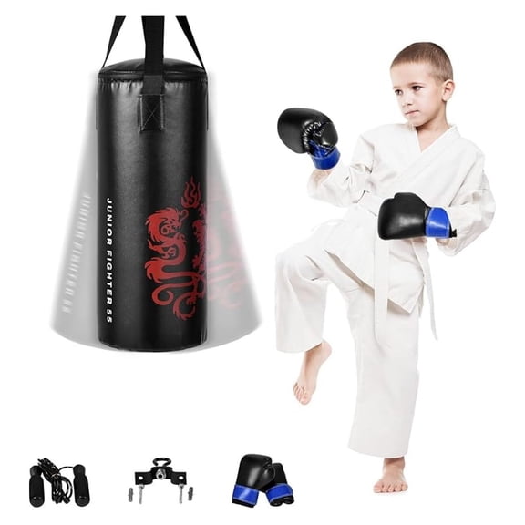 Kids Punching Bag Set, Prefilled Junior Kick Boxing Bag Kit with Gloves & Jumping Rope, Heavy Duty Wall Mounted Punching Bag for Youth MMA, Martial Kungfu Thai Training