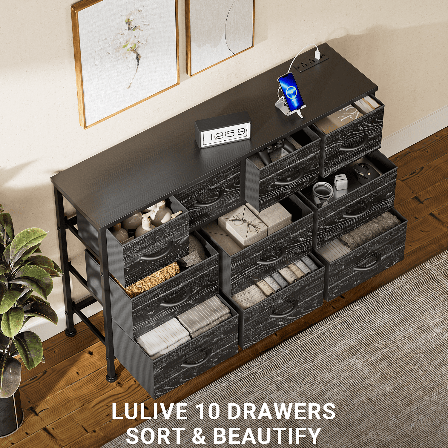 GIKPAL Dresser TV Stand, 10 Drawer Dressers for Bedroom with Power Outlet, Chest of Drawers for 55" Long TV, Fabric Dresser for Storage and Organization, Black
