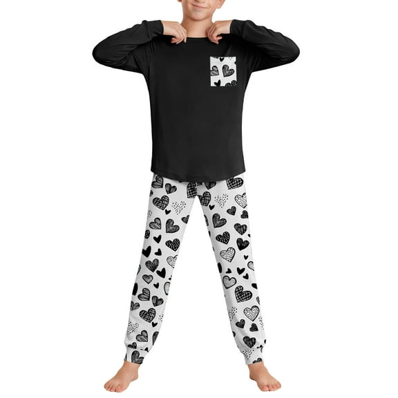 SERTG Kids Heart Print Homewear Set Long Sleeve Top and Pants with Pockets Unisex Spring Fall Winter Comfortable Soft Two-Piece Outfit(Black#1,11 Years)