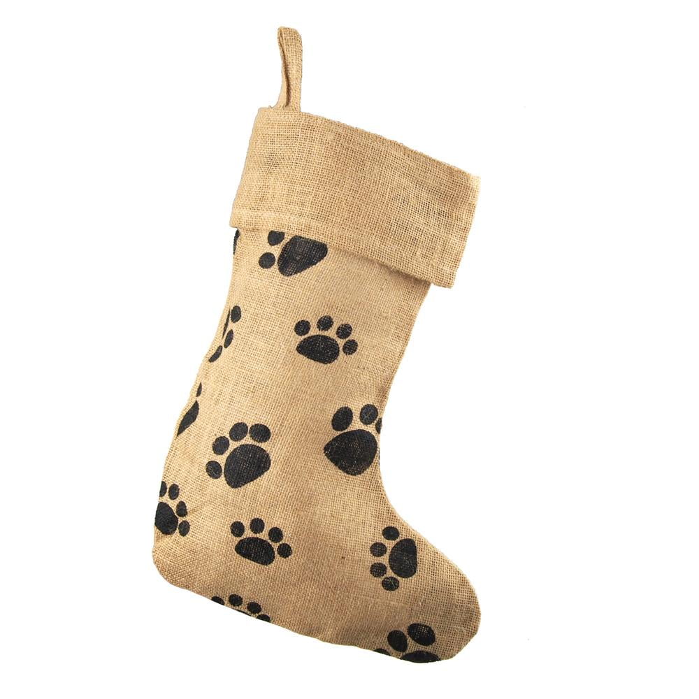 Animal Dog Paw Print Burlap Christmas Stocking, Natural, 17Inch